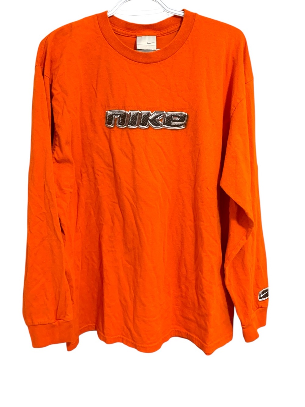 Vintage Nike Y2K 2000’s Orange Logo Long Sleeve Shirt Size Large Made In USA